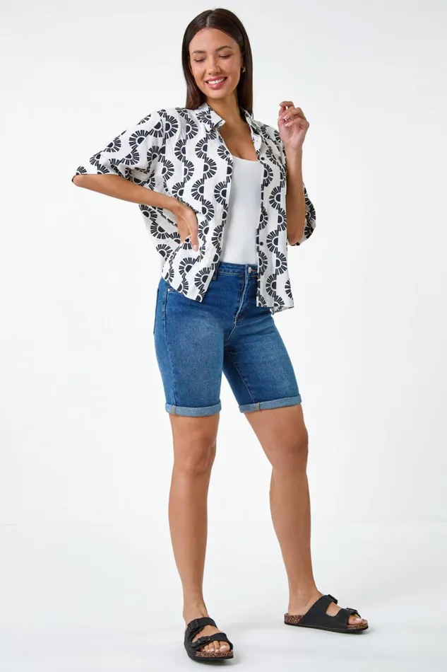 Women Black Geometric Print Button Shirt Roman Tops