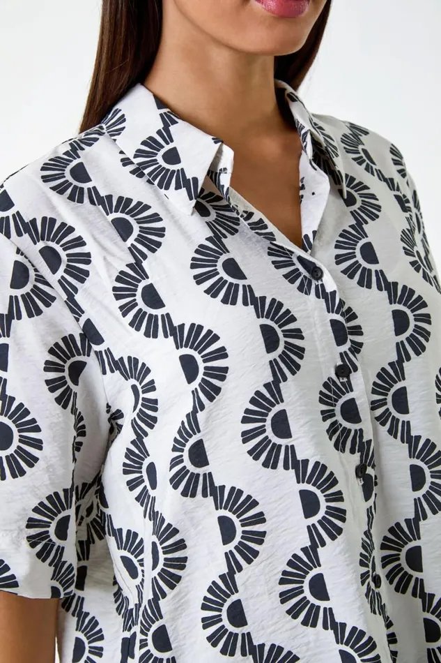 Women Black Geometric Print Button Shirt Roman Tops