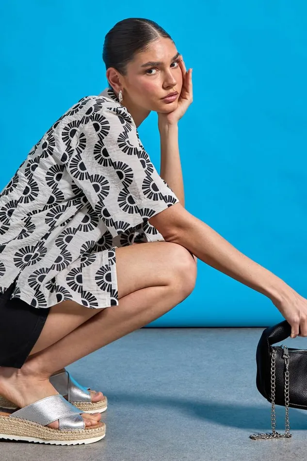 Women Black Geometric Print Button Shirt Roman Tops