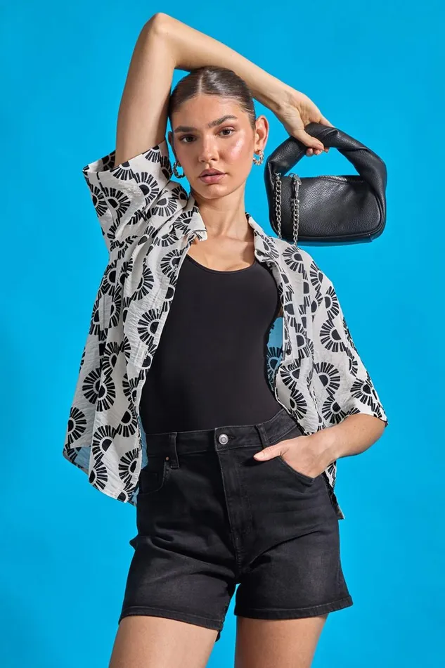 Women Black Geometric Print Button Shirt Roman Tops