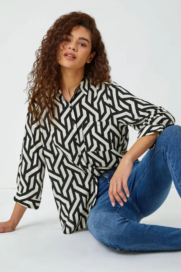 Women Black Geometric Print Longline Shirt Roman Tops