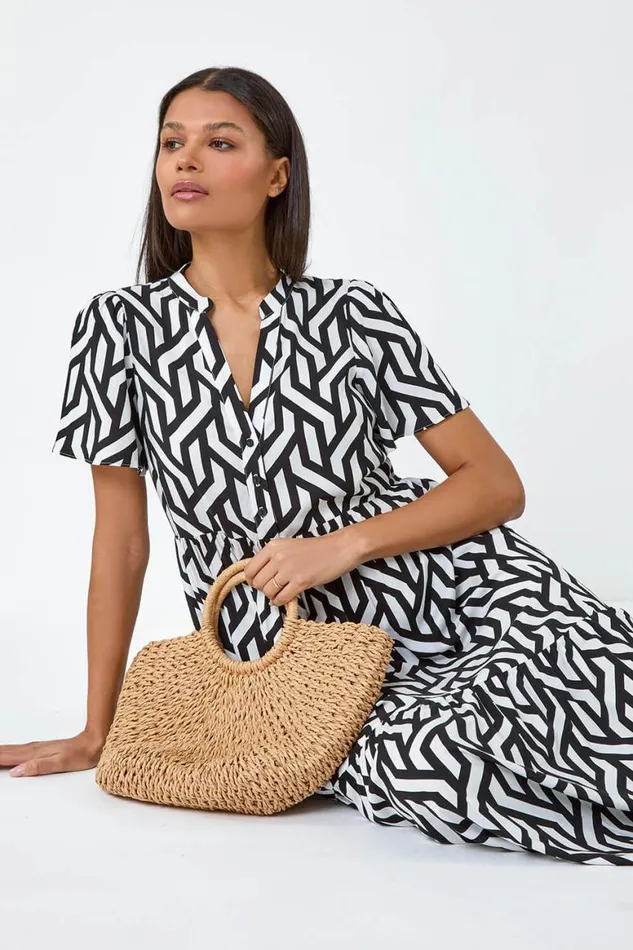 Women Black Geometric Print Tiered Midi Dress Roman Dresses
