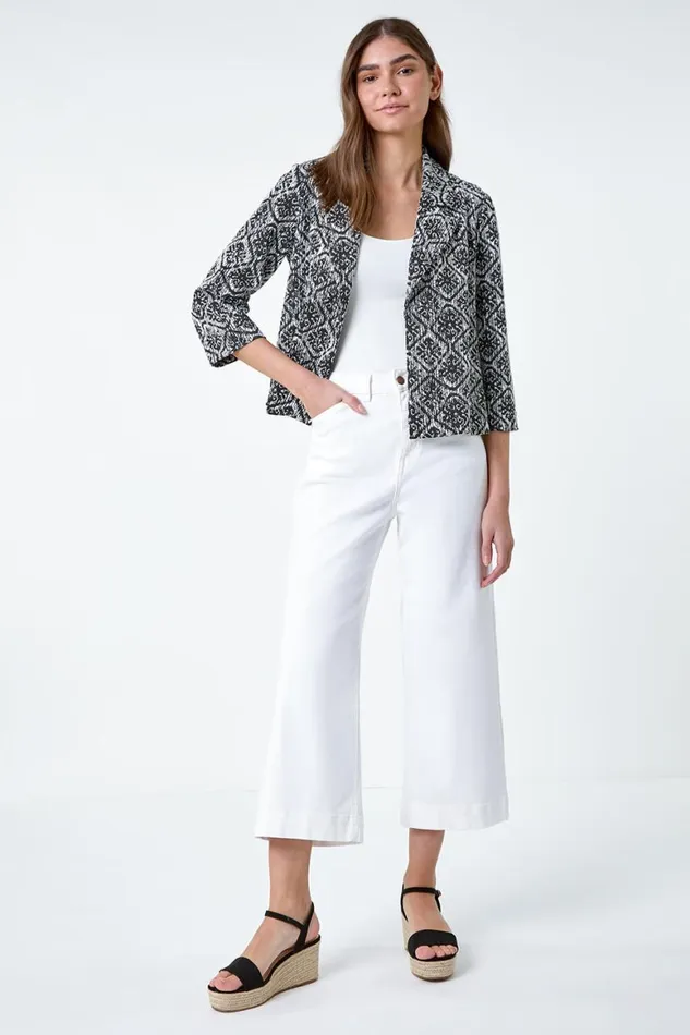 Women Black Geometric Textured Cotton Blend Jacket Roman Occasionwear