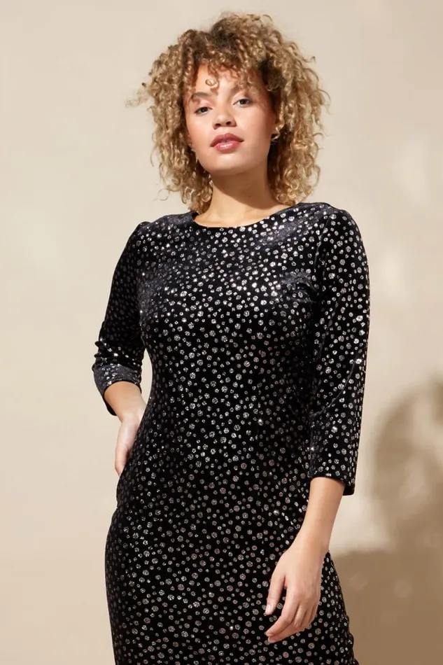 Women Black Glitter Spot Side Split Maxi Dress Roman Dresses