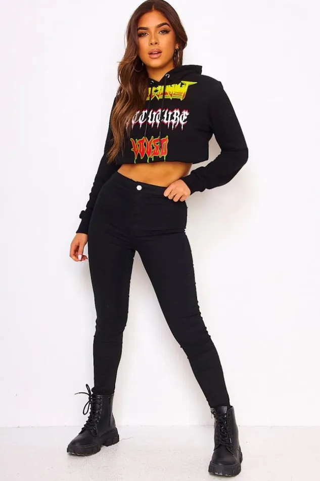 Women Black Hoodie With Inscriptions Black Brentiny Paris Sweaters and Sweatshirts
