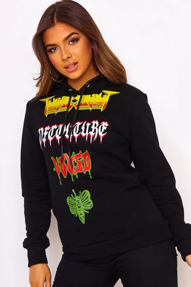 Women Black Hoodie With Inscriptions Black Brentiny Paris Sweaters and Sweatshirts