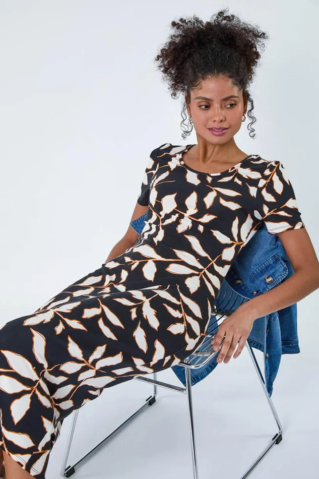 Women Black Leaf Print Midi Stretch Dress Roman Dresses
