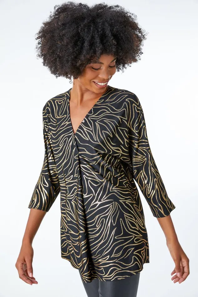Women Black Metallic Print VNeck Tunic Top Roman Tops