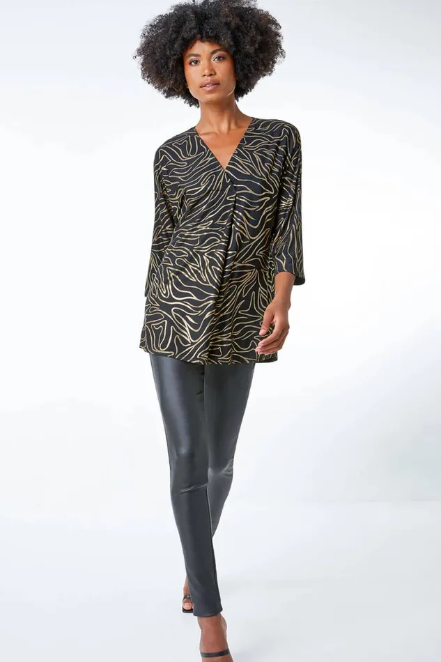 Women Black Metallic Print VNeck Tunic Top Roman Tops