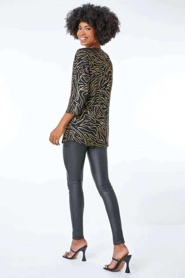 Women Black Metallic Print VNeck Tunic Top Roman Tops