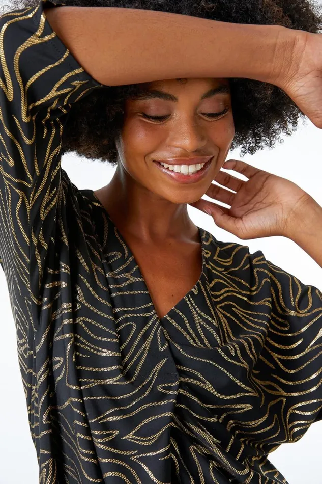 Women Black Metallic Print VNeck Tunic Top Roman Tops