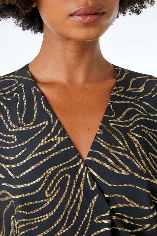 Women Black Metallic Print VNeck Tunic Top Roman Tops