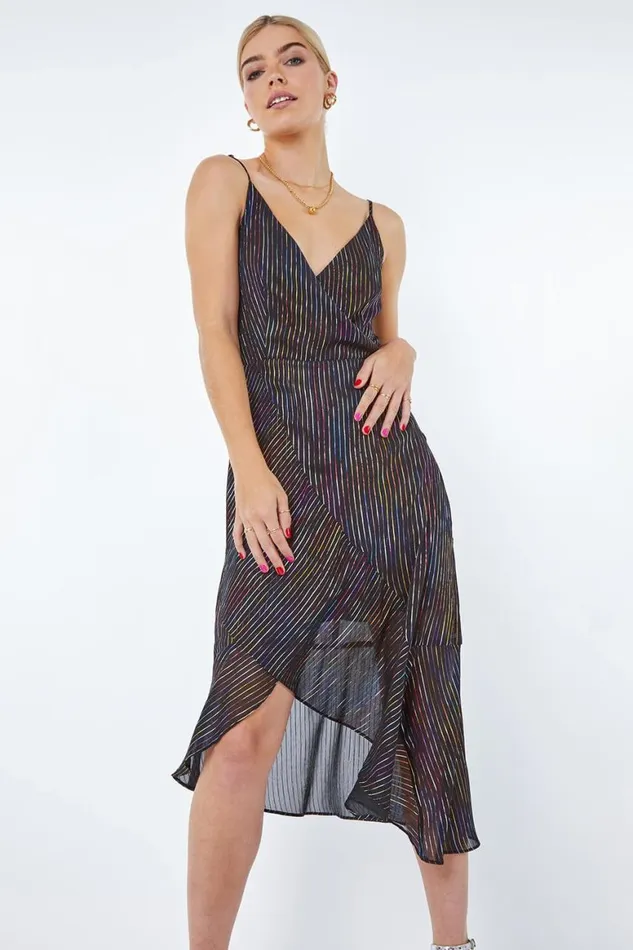 Women Black Metallic Stripe Frill Hem Midi Wrap Dress Roman Dresses