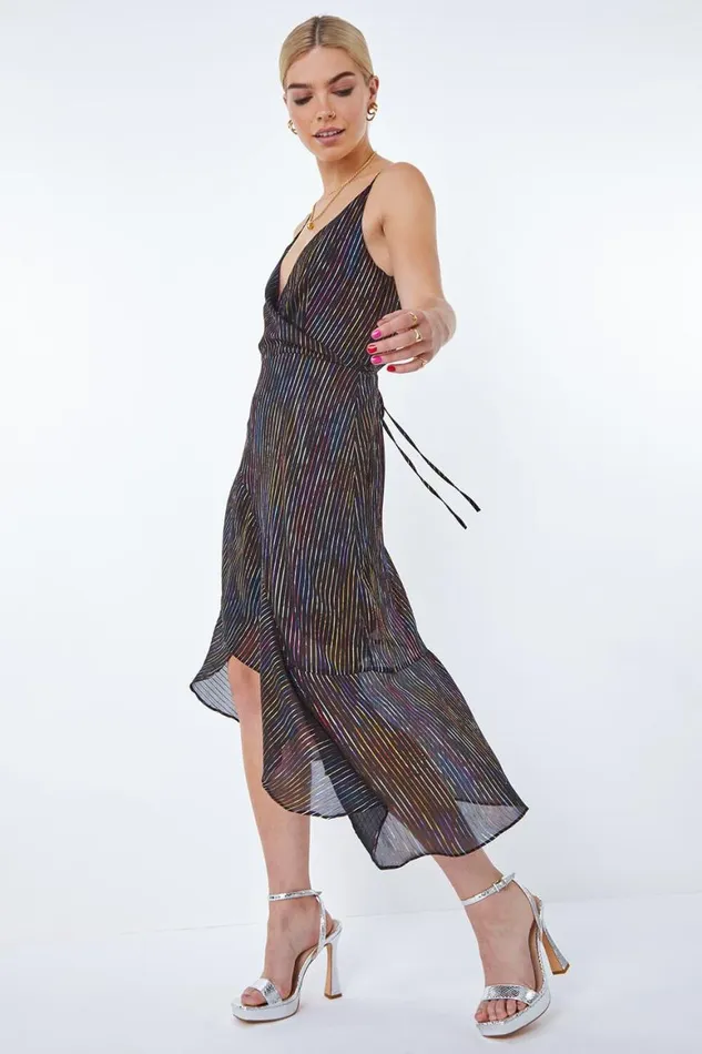 Women Black Metallic Stripe Frill Hem Midi Wrap Dress Roman Dresses