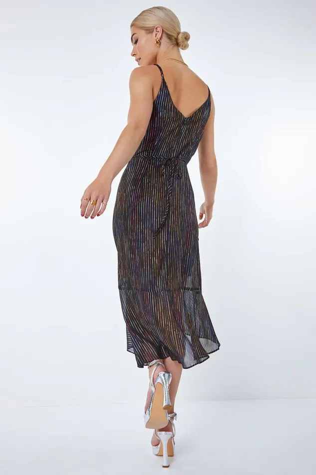 Women Black Metallic Stripe Frill Hem Midi Wrap Dress Roman Dresses