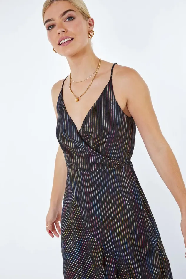 Women Black Metallic Stripe Frill Hem Midi Wrap Dress Roman Dresses