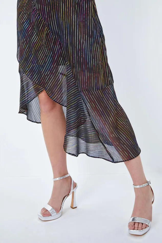 Women Black Metallic Stripe Frill Hem Midi Wrap Dress Roman Dresses