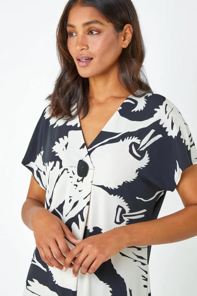 Women Black Palm Print Button Detail VNeck Top Roman Tops