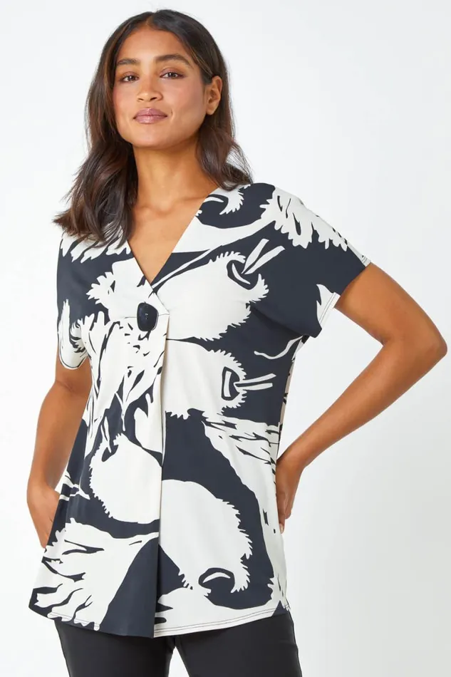 Women Black Palm Print Button Detail VNeck Top Roman Tops