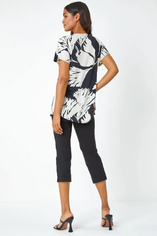 Women Black Palm Print Button Detail VNeck Top Roman Tops