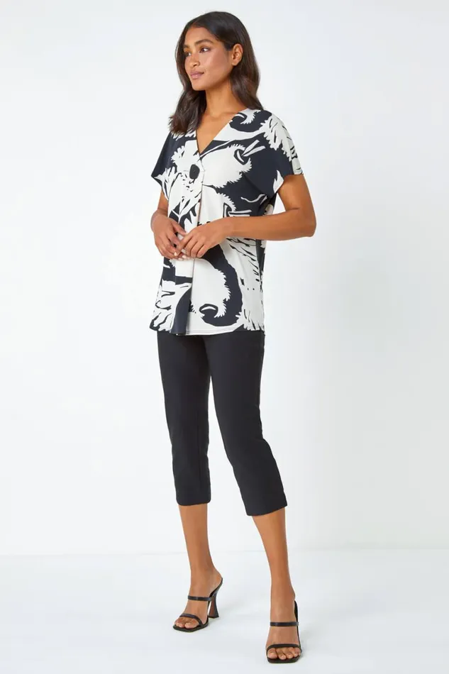 Women Black Palm Print Button Detail VNeck Top Roman Tops