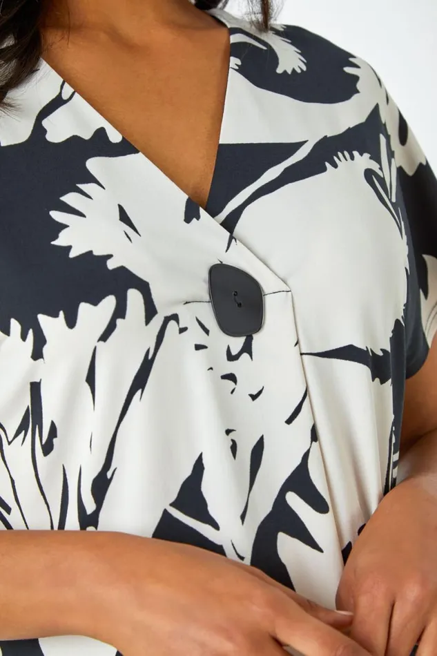 Women Black Palm Print Button Detail VNeck Top Roman Tops