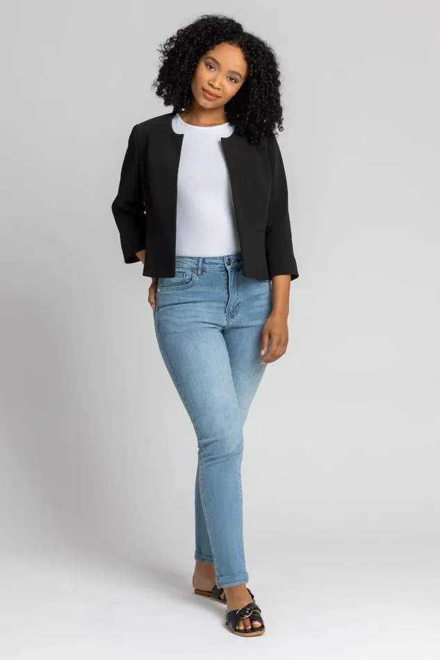 Women Black Petite 34 Sleeve Tailored Jacquard Jacket Roman Jackets