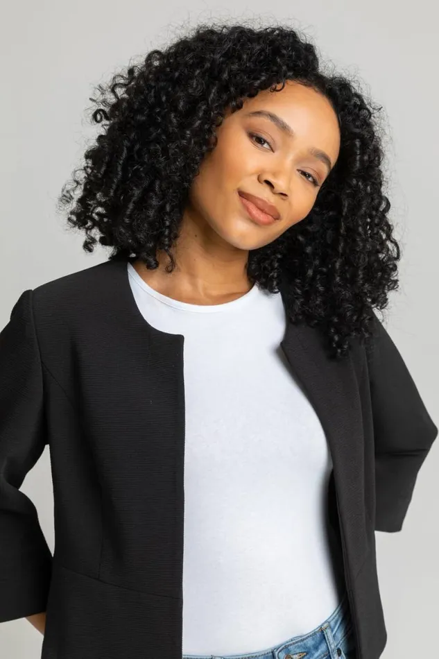 Women Black Petite 34 Sleeve Tailored Jacquard Jacket Roman Jackets