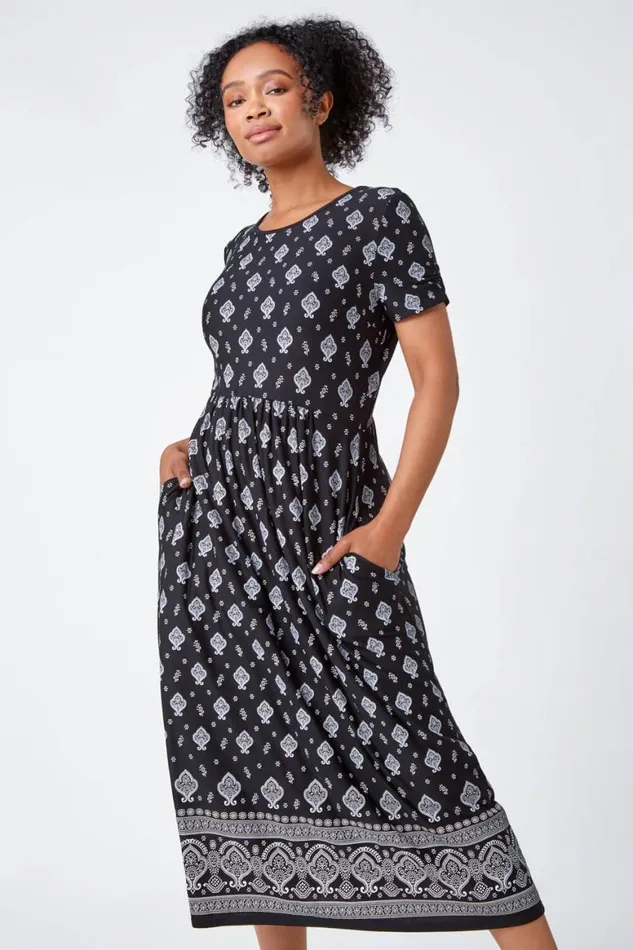 Women Black Petite Border Print Stretch Midi Dress Roman Dresses