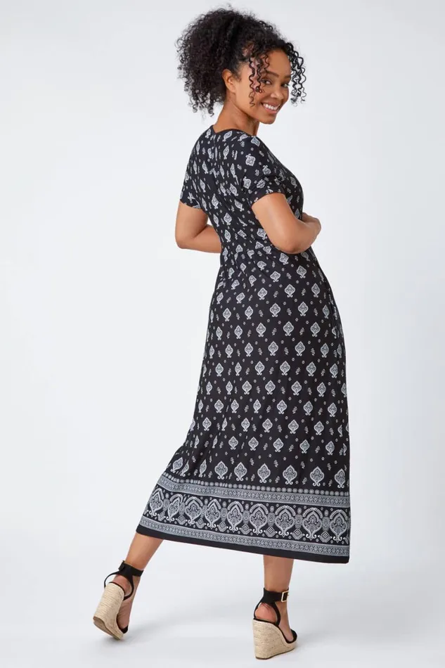 Women Black Petite Border Print Stretch Midi Dress Roman Dresses
