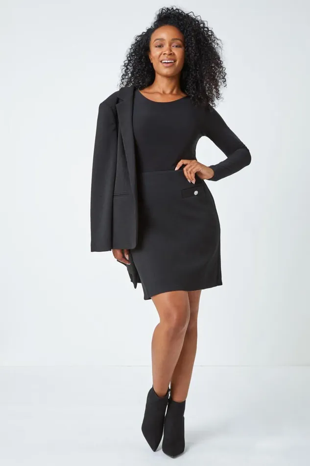 Women Black Petite Diamante Button Stretch A Line Skirt Roman Skirts