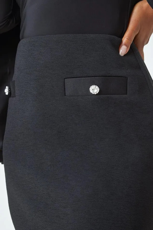 Women Black Petite Diamante Button Stretch A Line Skirt Roman Skirts