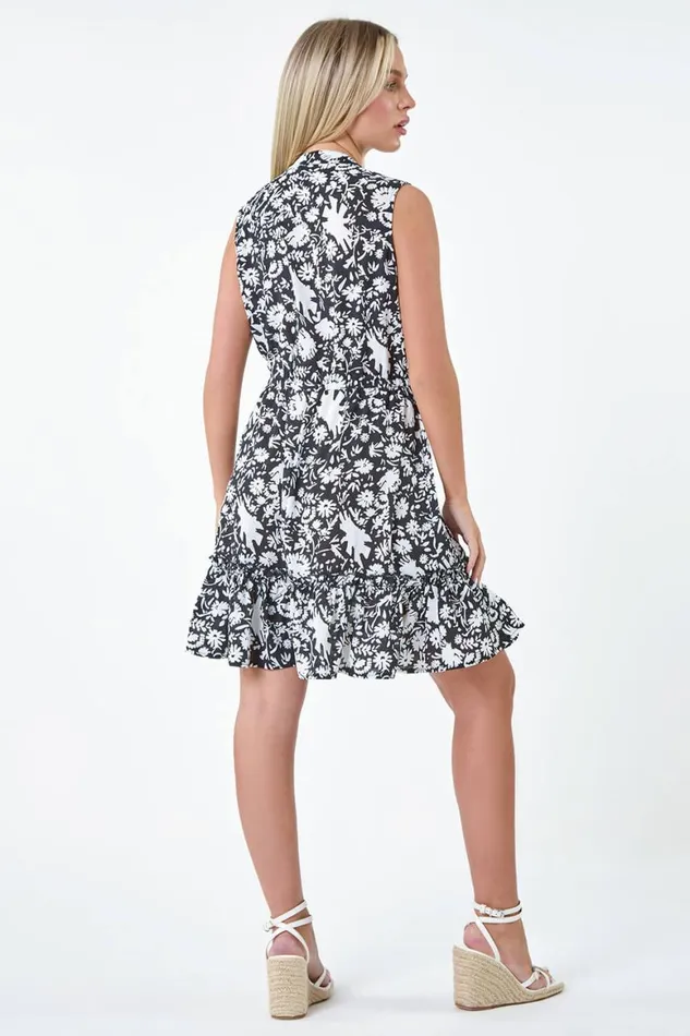 Women Black Petite Ditsy Floral Frill Hem Shirt Dress Roman Dresses