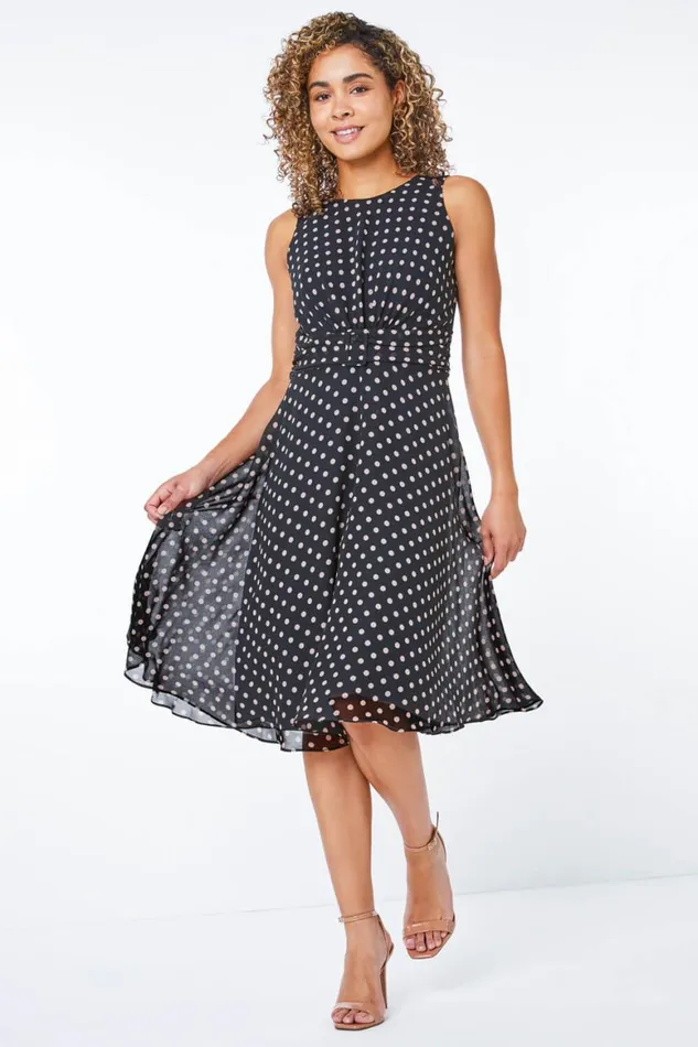 Women Black Petite Polka Dot Buckle Dress Roman Dresses