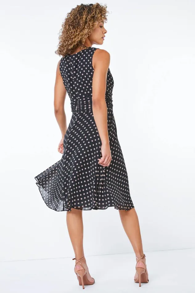 Women Black Petite Polka Dot Buckle Dress Roman Dresses