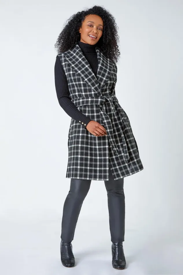 Women Black Petite Sleeveless Belted Check Coat Roman Jackets