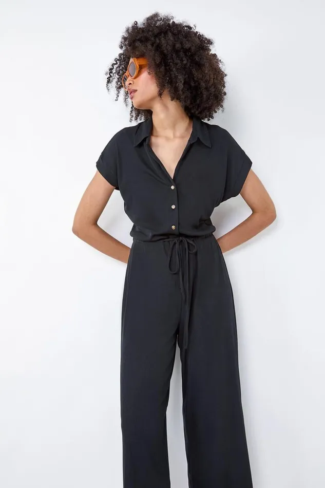 Women Black Plain Ribbed Stretch Jersey Jumpsuit Roman Dresses