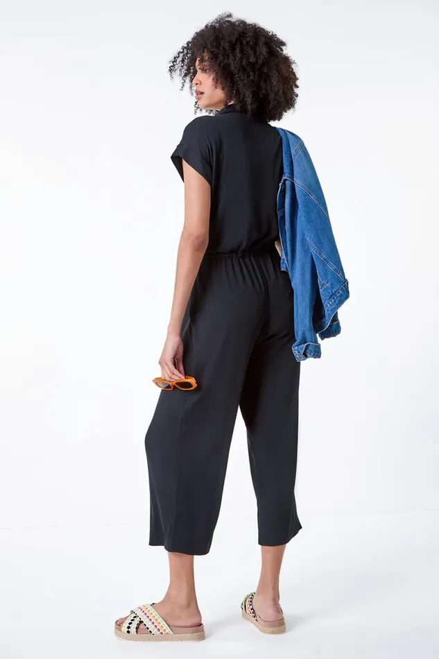 Women Black Plain Ribbed Stretch Jersey Jumpsuit Roman Dresses