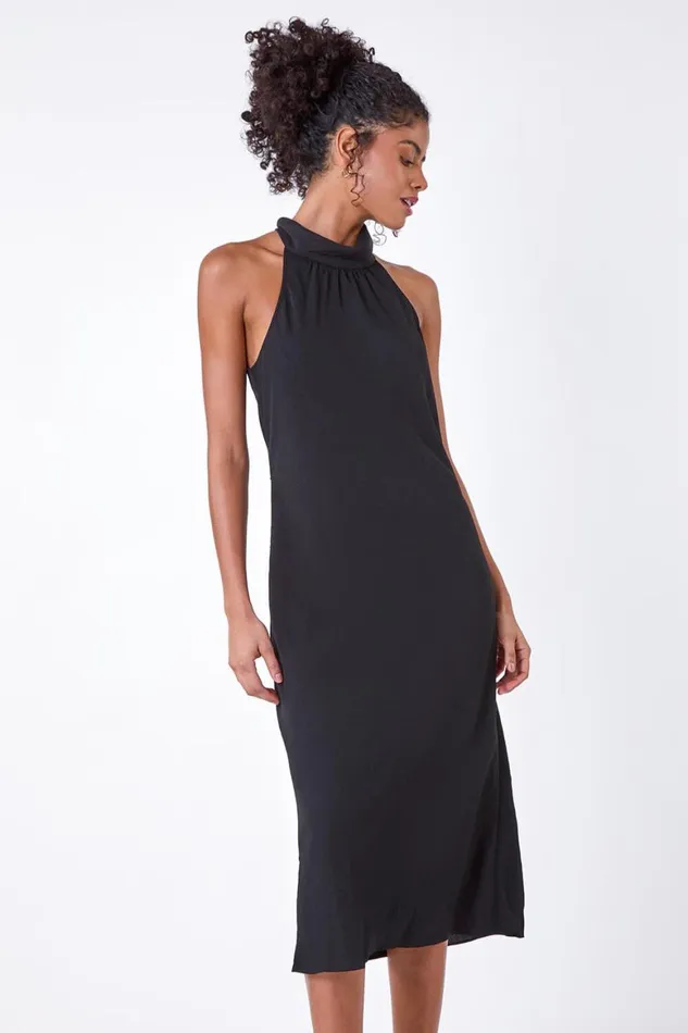 Women Black Plain Woven Halterneck Midi Dress Roman Dresses