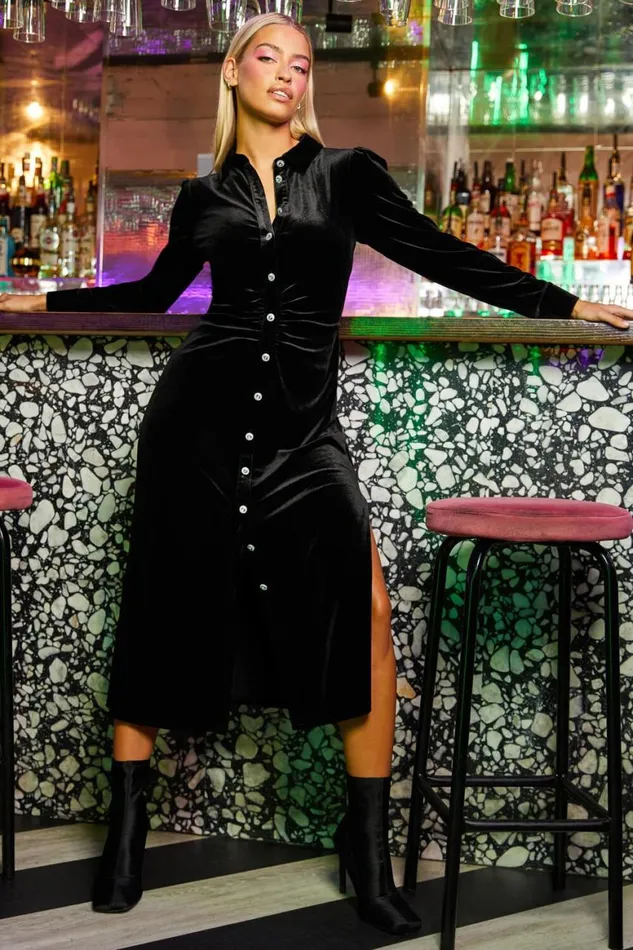 Women Black Ruched Velvet Midi Stretch Dress Roman Dresses