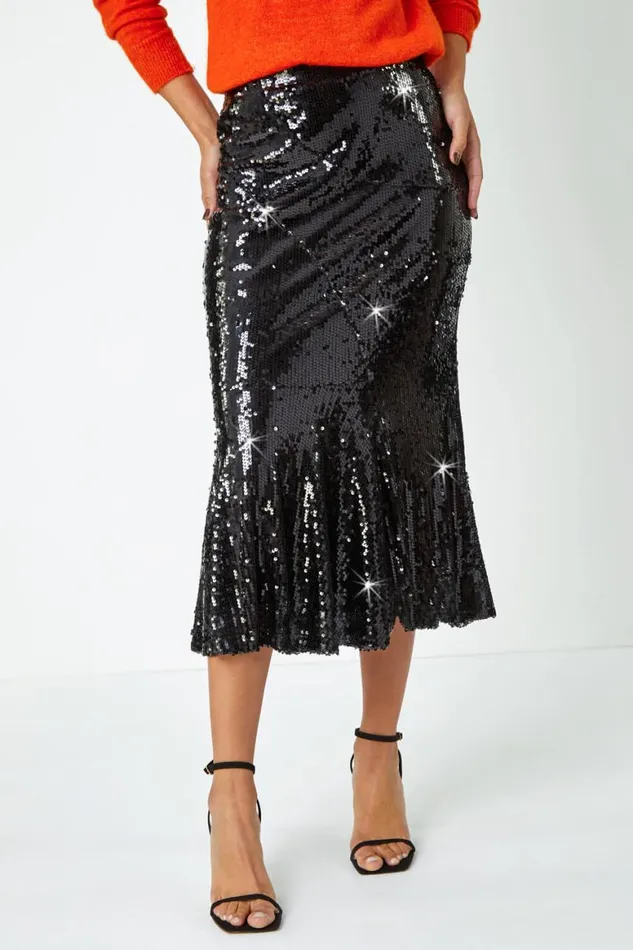 Women Black Sequin Embellished Fluted Midi Skirt Roman Skirts
