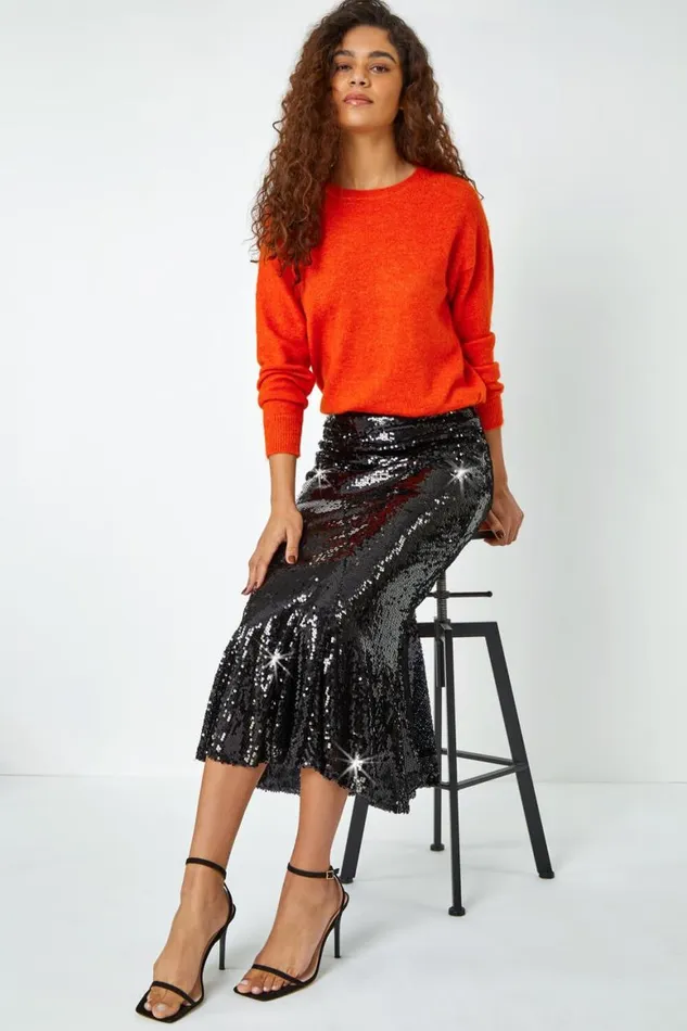 Women Black Sequin Embellished Fluted Midi Skirt Roman Skirts