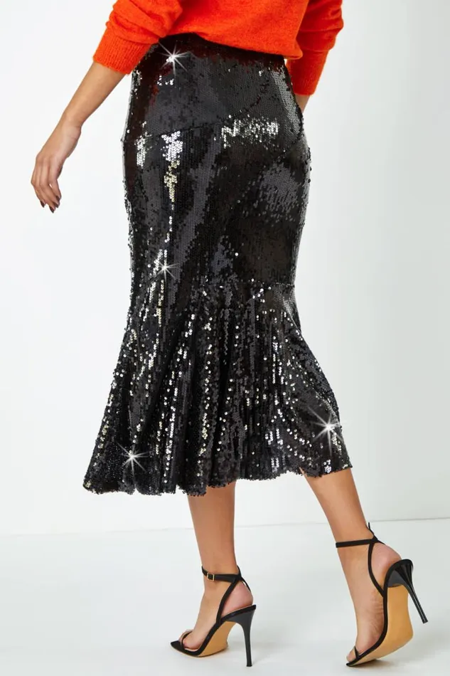 Women Black Sequin Embellished Fluted Midi Skirt Roman Skirts