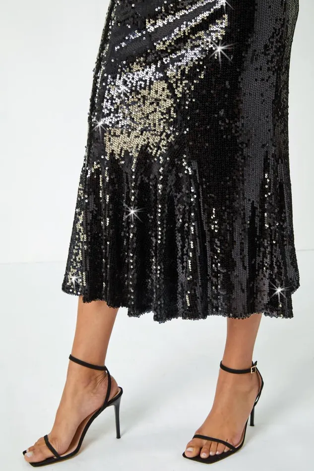 Women Black Sequin Embellished Fluted Midi Skirt Roman Skirts