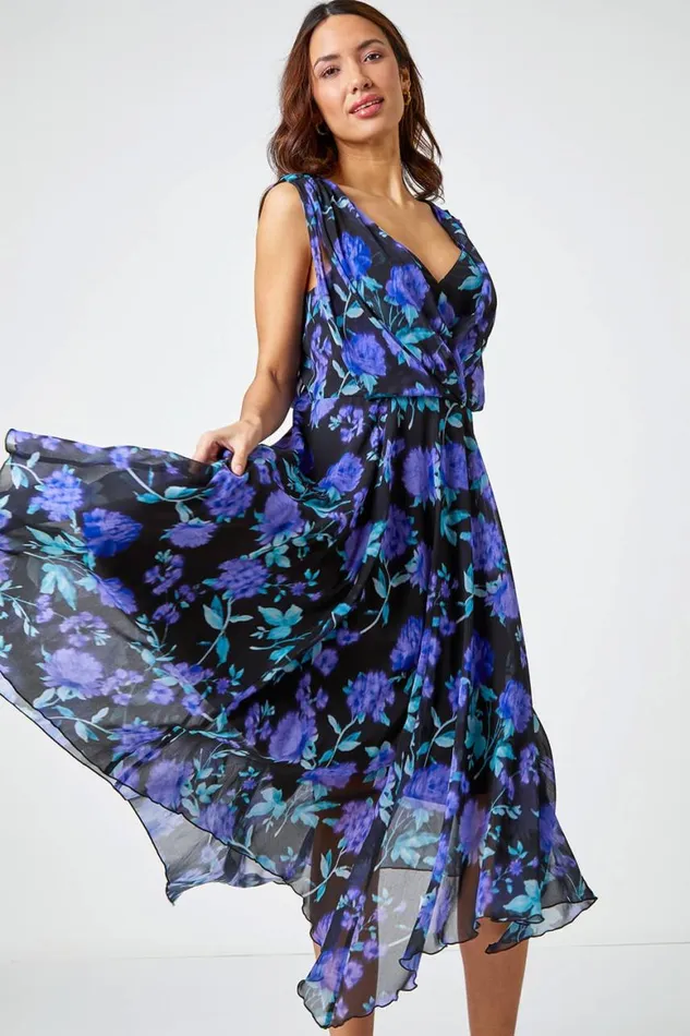 Women Black Sleeveless Floral Chiffon Asymmetric Midi Dress Roman Dresses