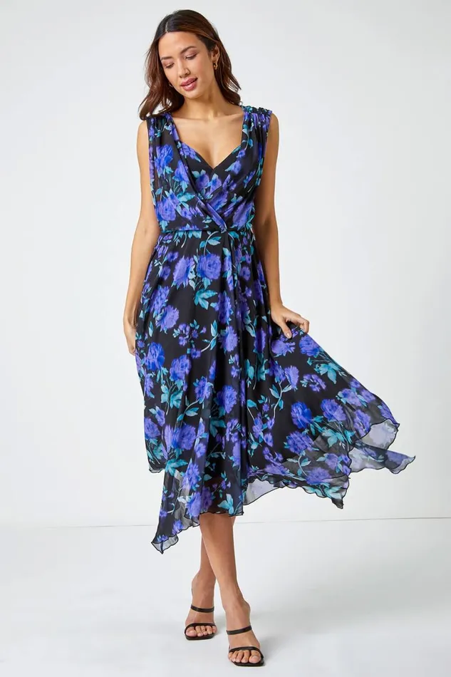 Women Black Sleeveless Floral Chiffon Asymmetric Midi Dress Roman Dresses
