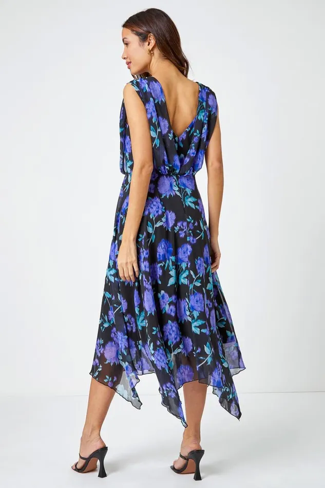 Women Black Sleeveless Floral Chiffon Asymmetric Midi Dress Roman Dresses