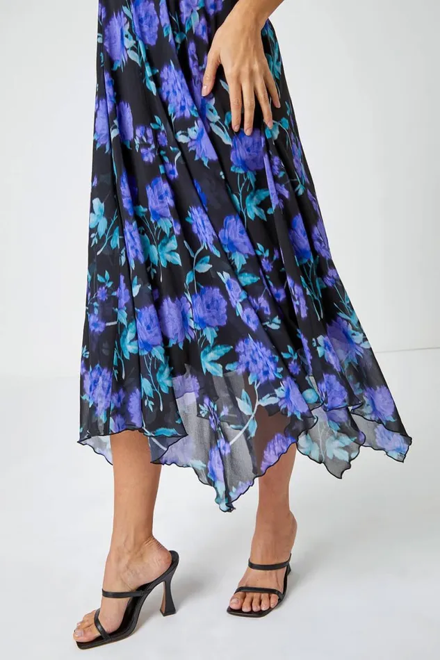 Women Black Sleeveless Floral Chiffon Asymmetric Midi Dress Roman Dresses
