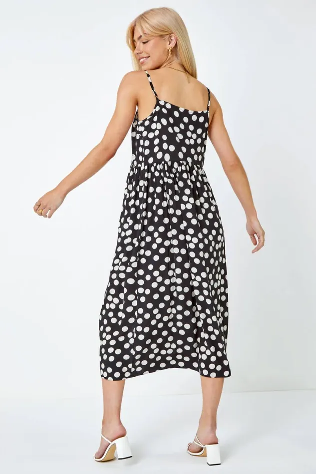 Women Black Sleeveless Polka Dot Print Midi Dress Roman Dresses