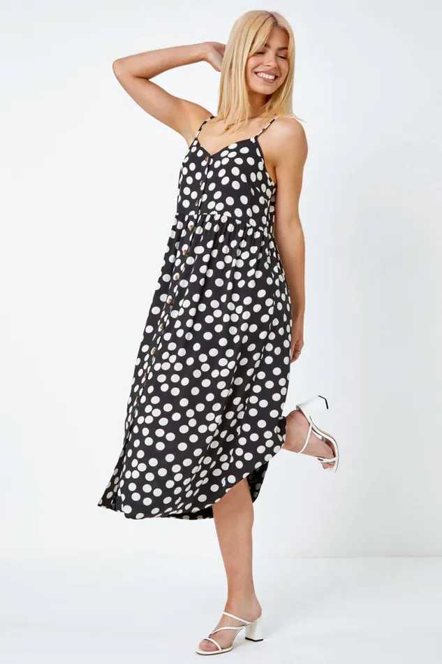 Women Black Sleeveless Polka Dot Print Midi Dress Roman Dresses